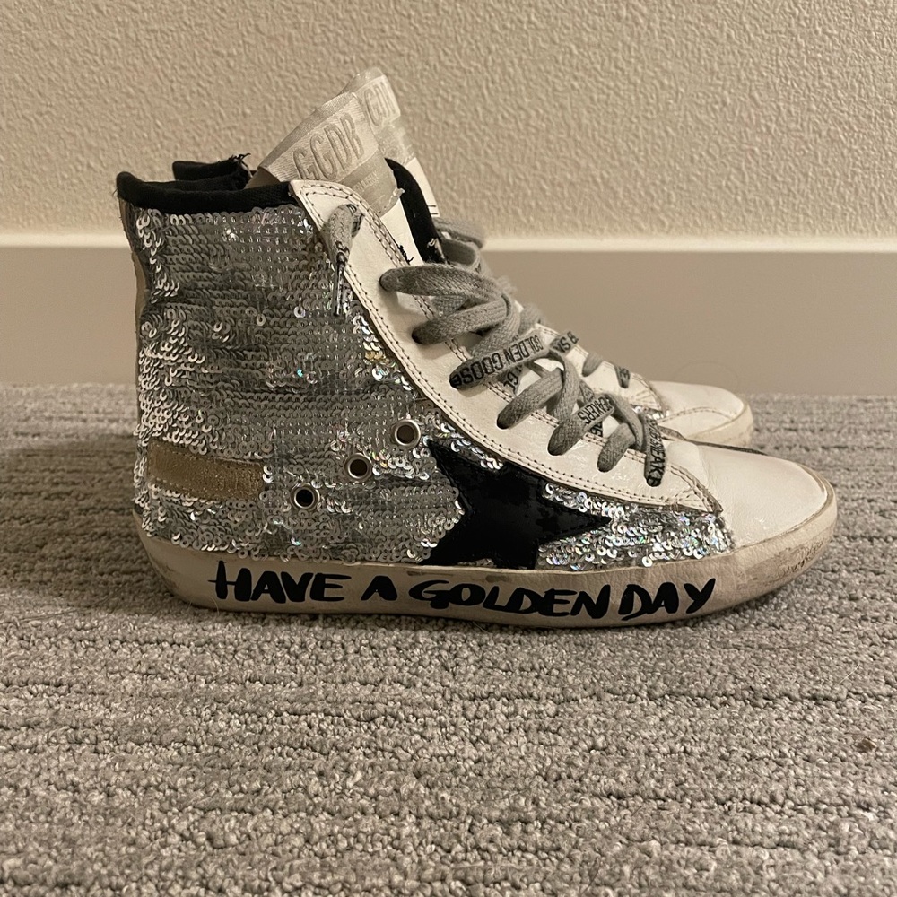 Golden Goose Silver Sequin High-Top Sneakers with Black Star - Picture 3 of 7